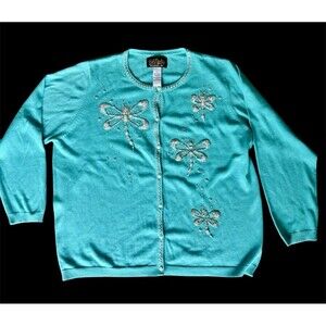 BOB MACKIE WEARABLE ART cardigan, Dragonfly Beaded Embellished Pearls Aqua Green